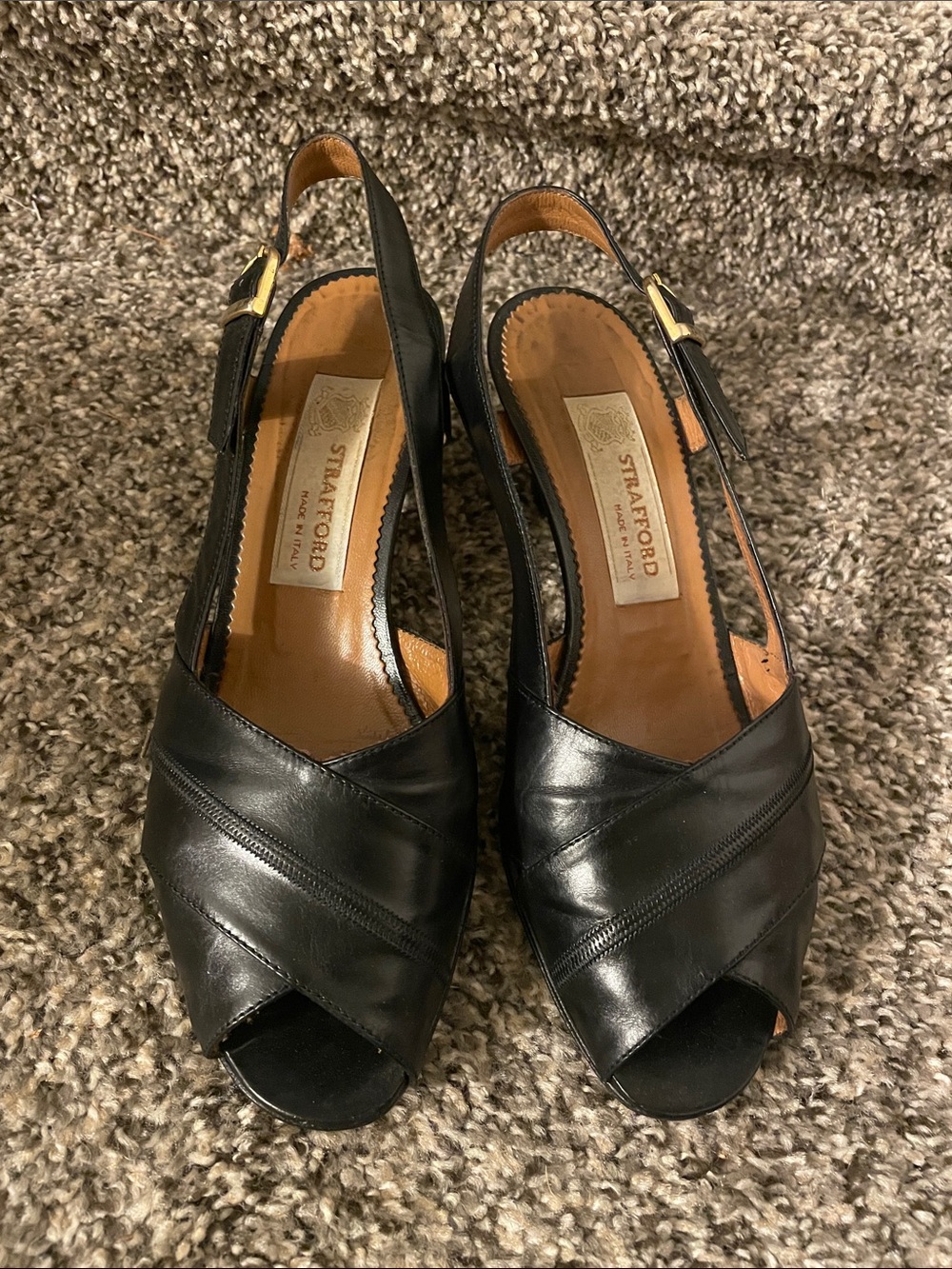 Black Leather Peep-Toe Slingback Heels Made in Italy